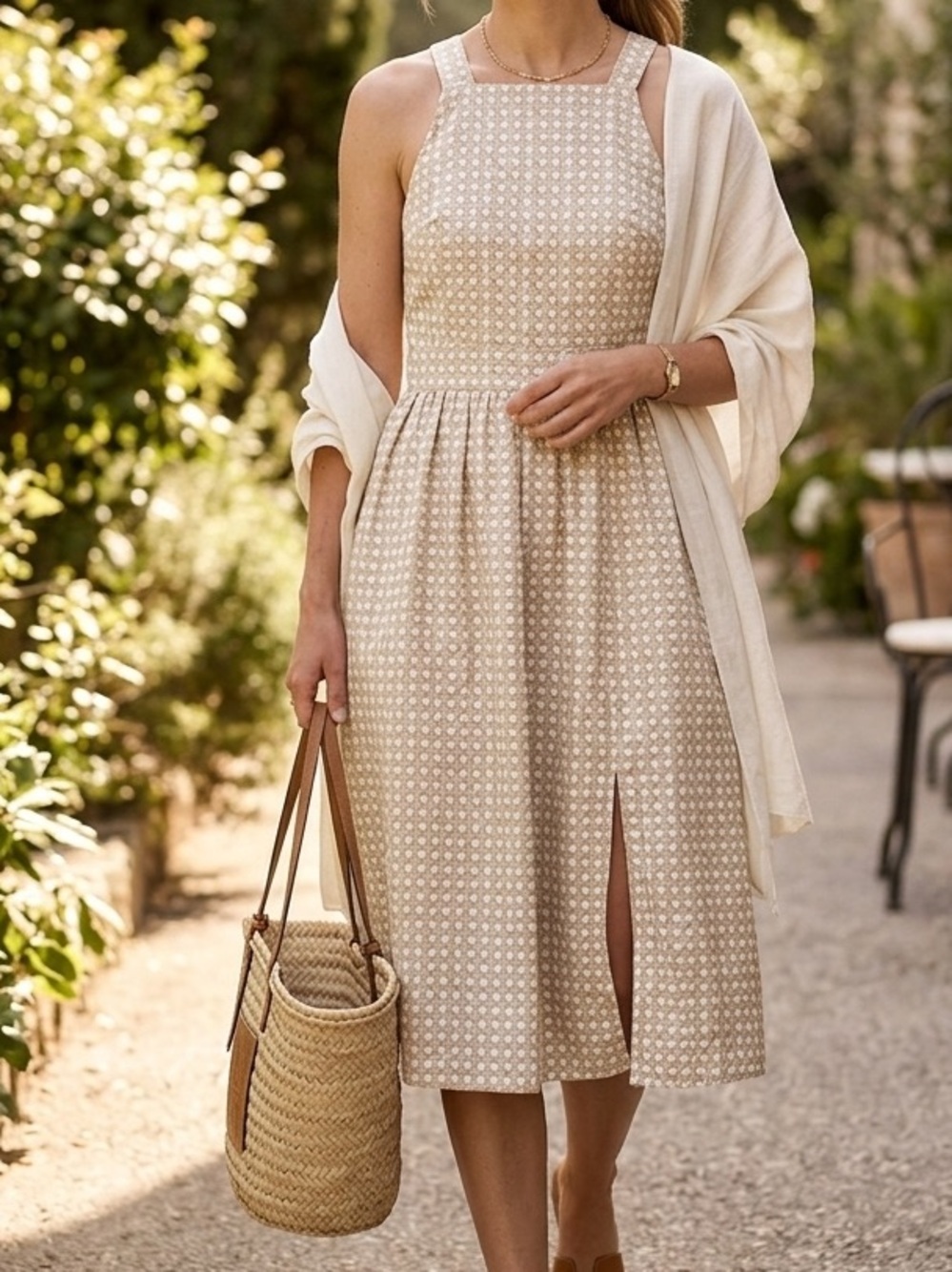 Hill House Midi Dress in Cream and White Geometric Print…